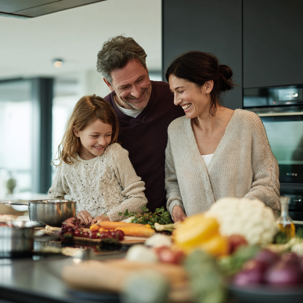 Lächelnde deutsche Familie mittleren Alters beim gemeinsamen Kochen in einer modernen Küche