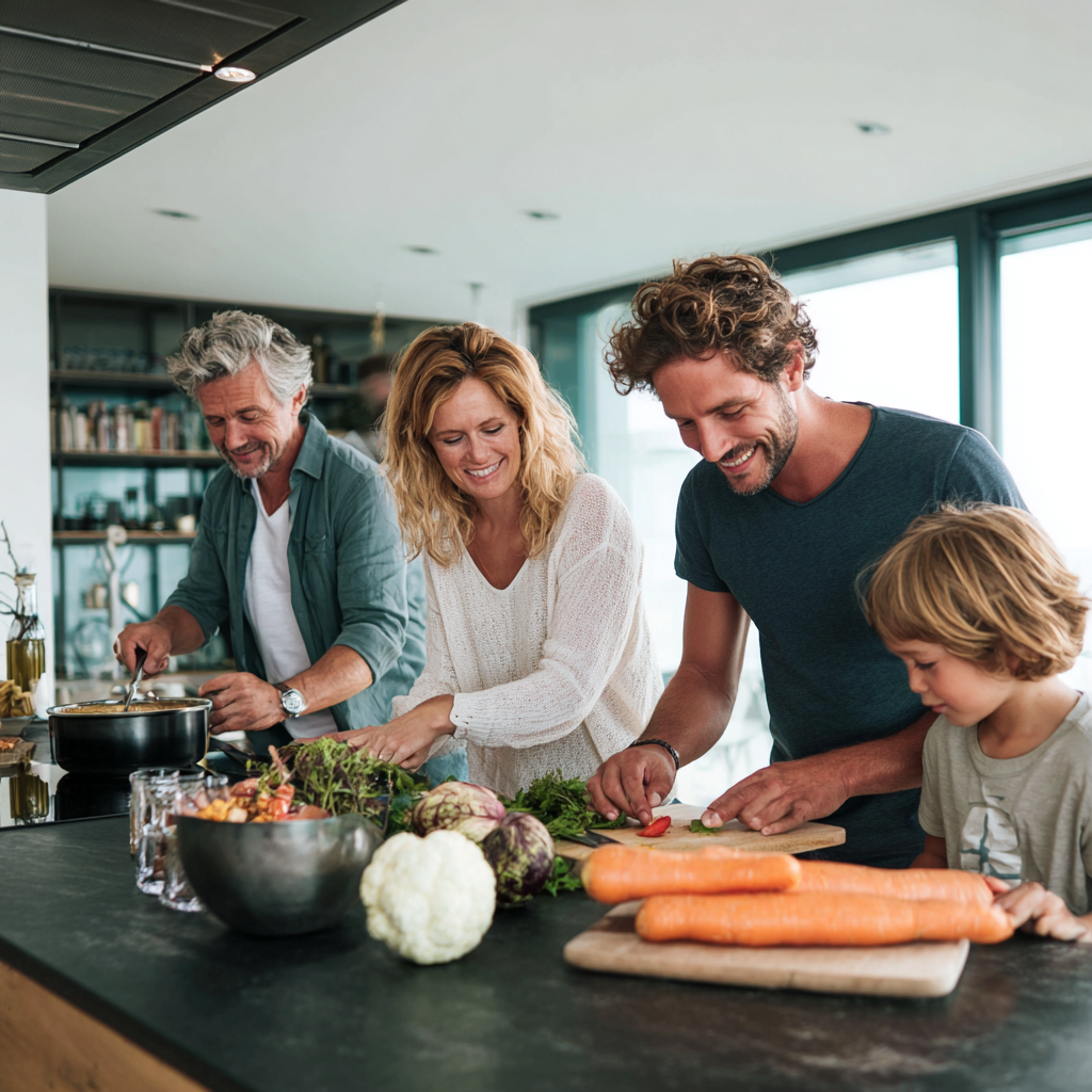 Ältere deutsche Frau lächelnd beim Betrachten eines bunten, ausgewogenen Tellers mit frischen Lebensmitteln